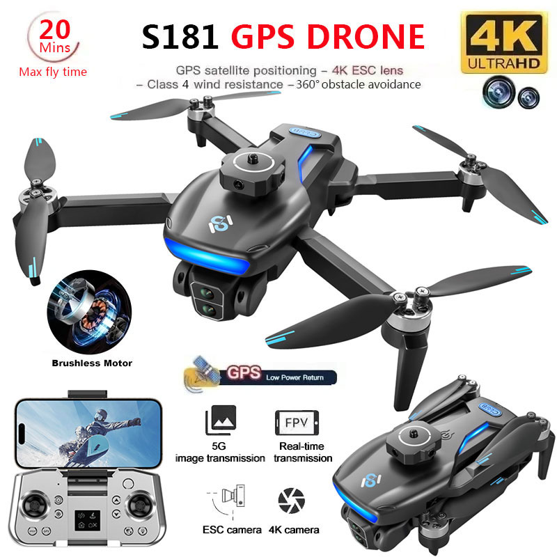 Fpv Brushless Rc Drone 4K - S181 GPS Drone 4K profesjonalna podwójna